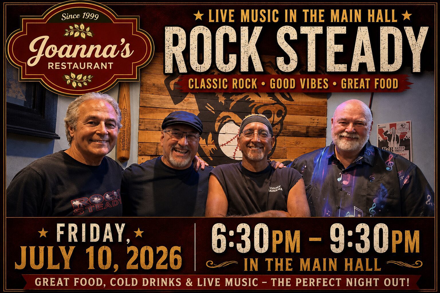 Rock Steady performing live at Joanna's Restaurant in Somers Connecticut on July 10 2026