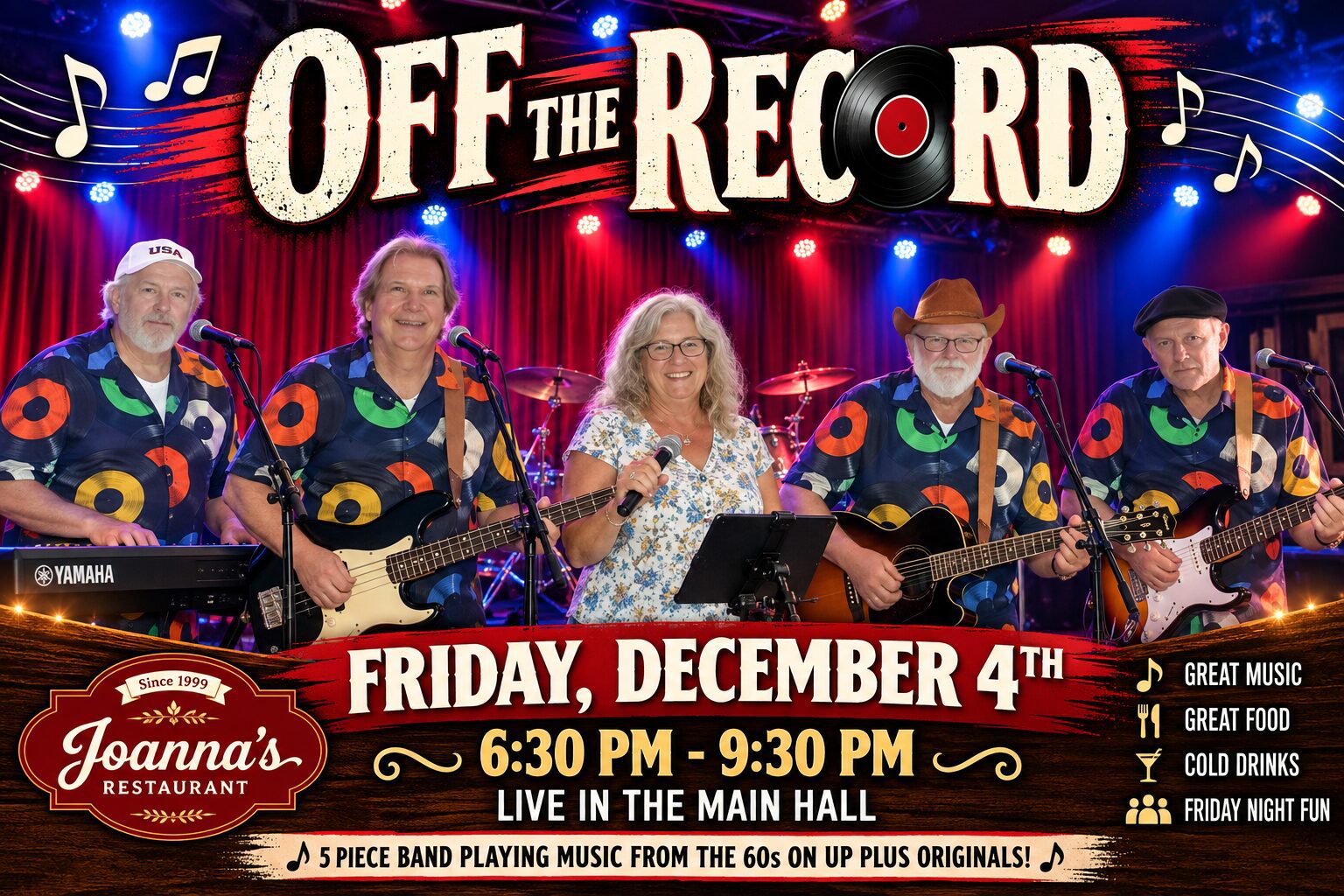Off The Record five-piece live band performing at Joanna’s Restaurant & Banquet Hall in Somers, CT, on Friday, December 4, 2026, from 6:30–9:30 PM.